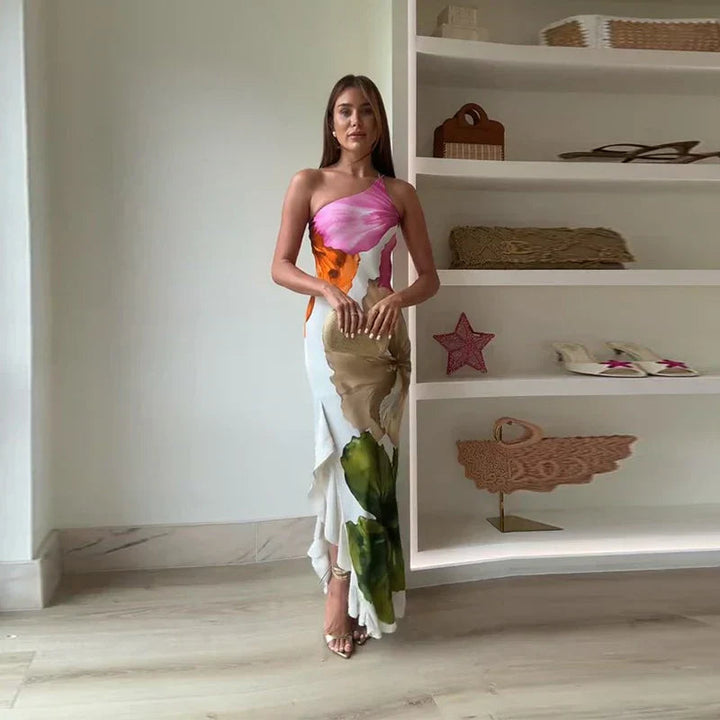 Lena | Elegante Maxi Abito Monospalla Floreale per Cerimonia e Eventi 0