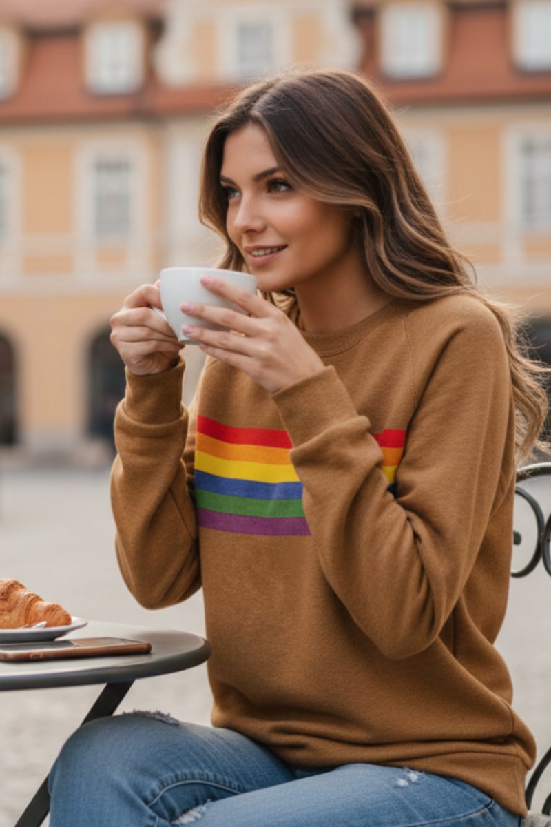Lily | Maglione girocollo da donna a righe arcobaleno, vestibilità comoda 1