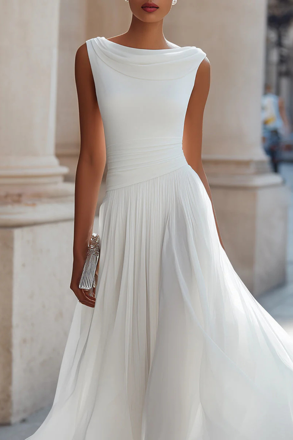 Luna | Elegante Abito Midi Donna con Scollo Drappeggiato e Gonna a Pieghe 4