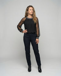 Delinda | Elegante Damen-Zeremonientops mit transparenten Ärmeln und Pailletten
