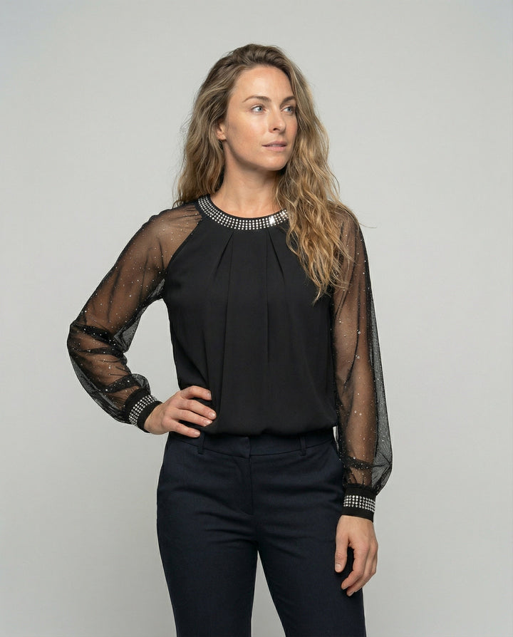 Luna | Top Eleganti da Cerimonia Donna con Maniche Trasparenti e Paillettes 1
