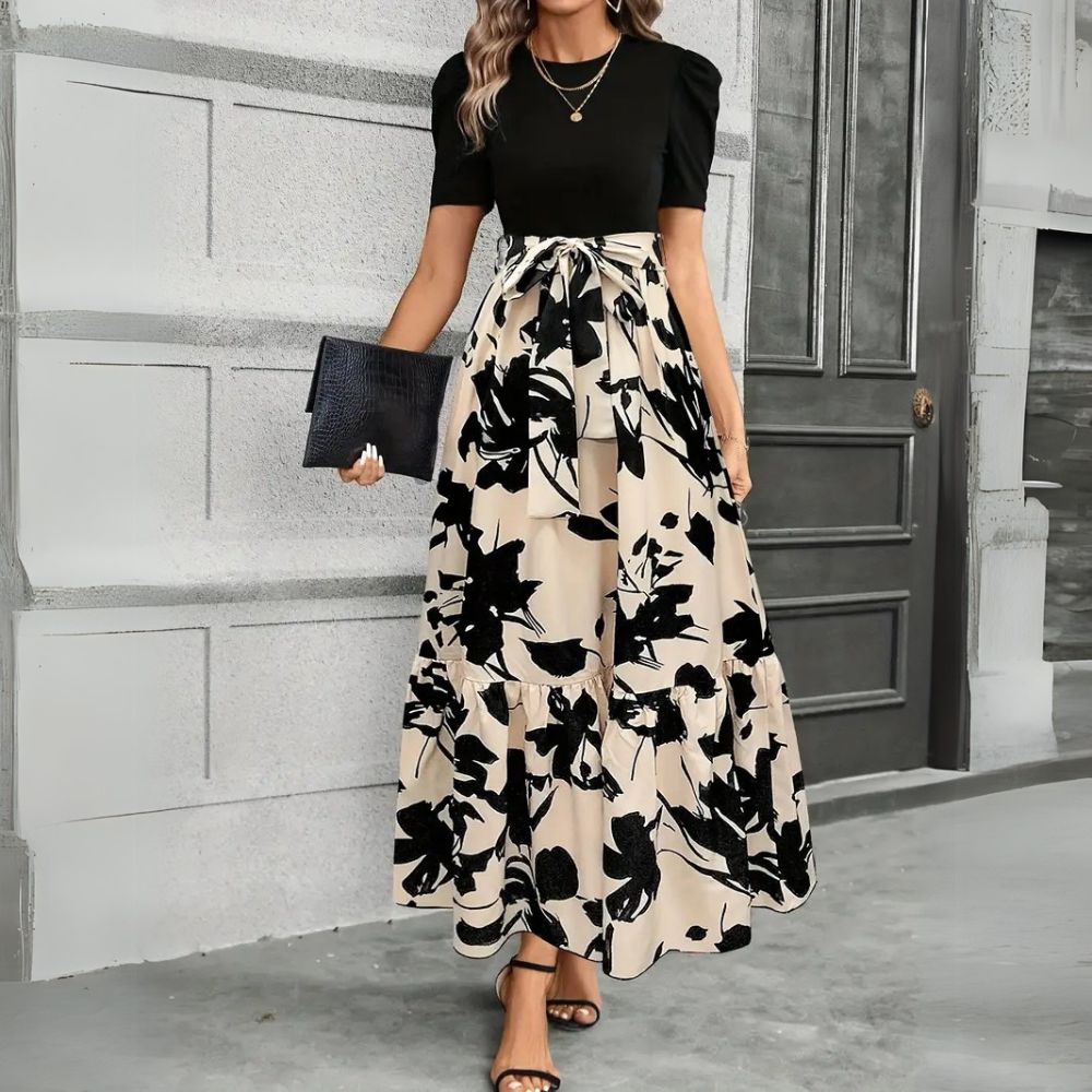 Maya | Elegante Abito Estivo Maxi con Maniche a Sbuffo e Stampa Botanica per Donna 0