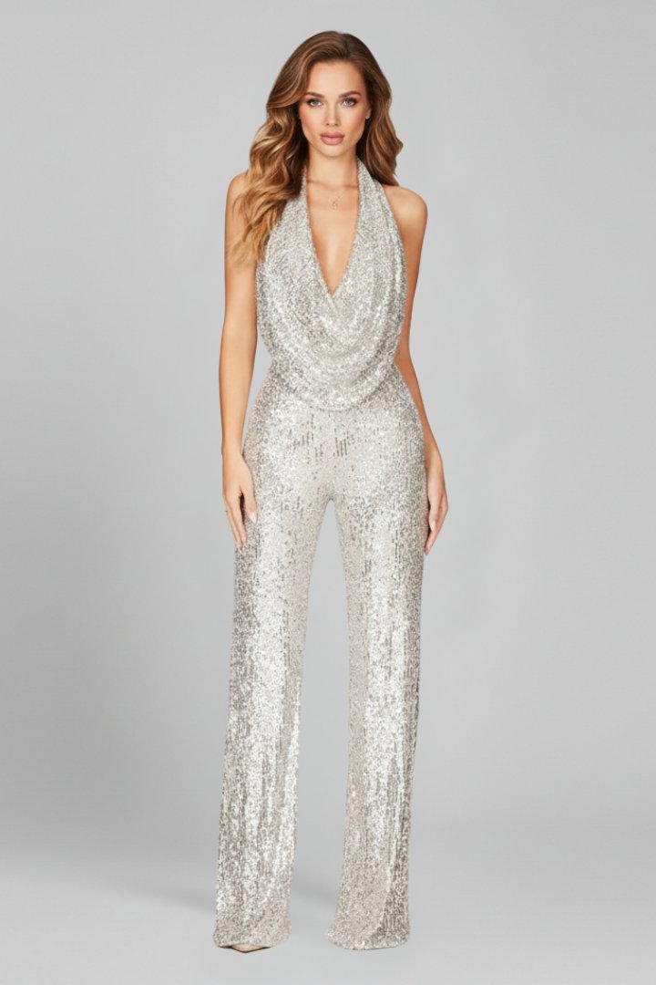 Maya | Elegante e scintillante tuta intera con paillettes e scollo all'americana 3