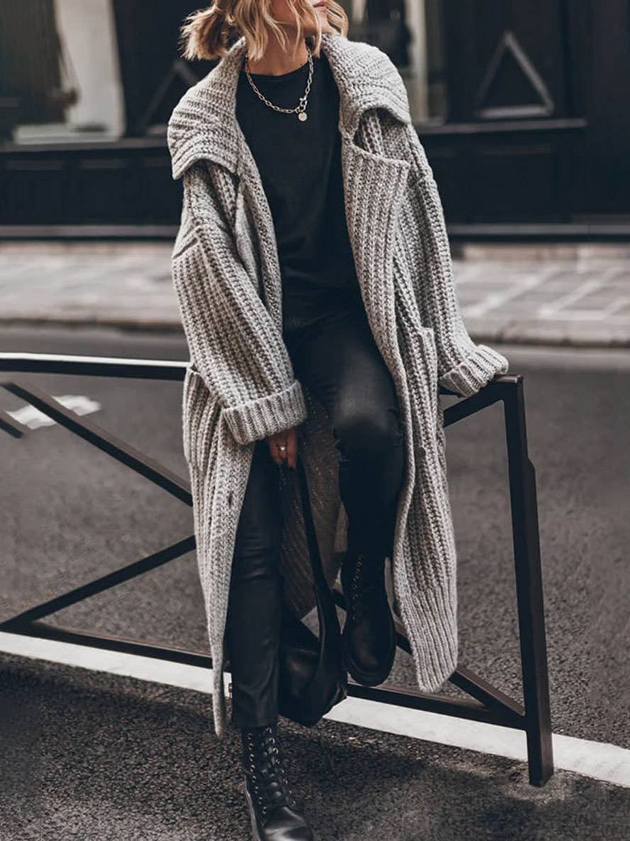 Mia | Cardigan lungo da donna oversize a coste grosse con risvolto 0