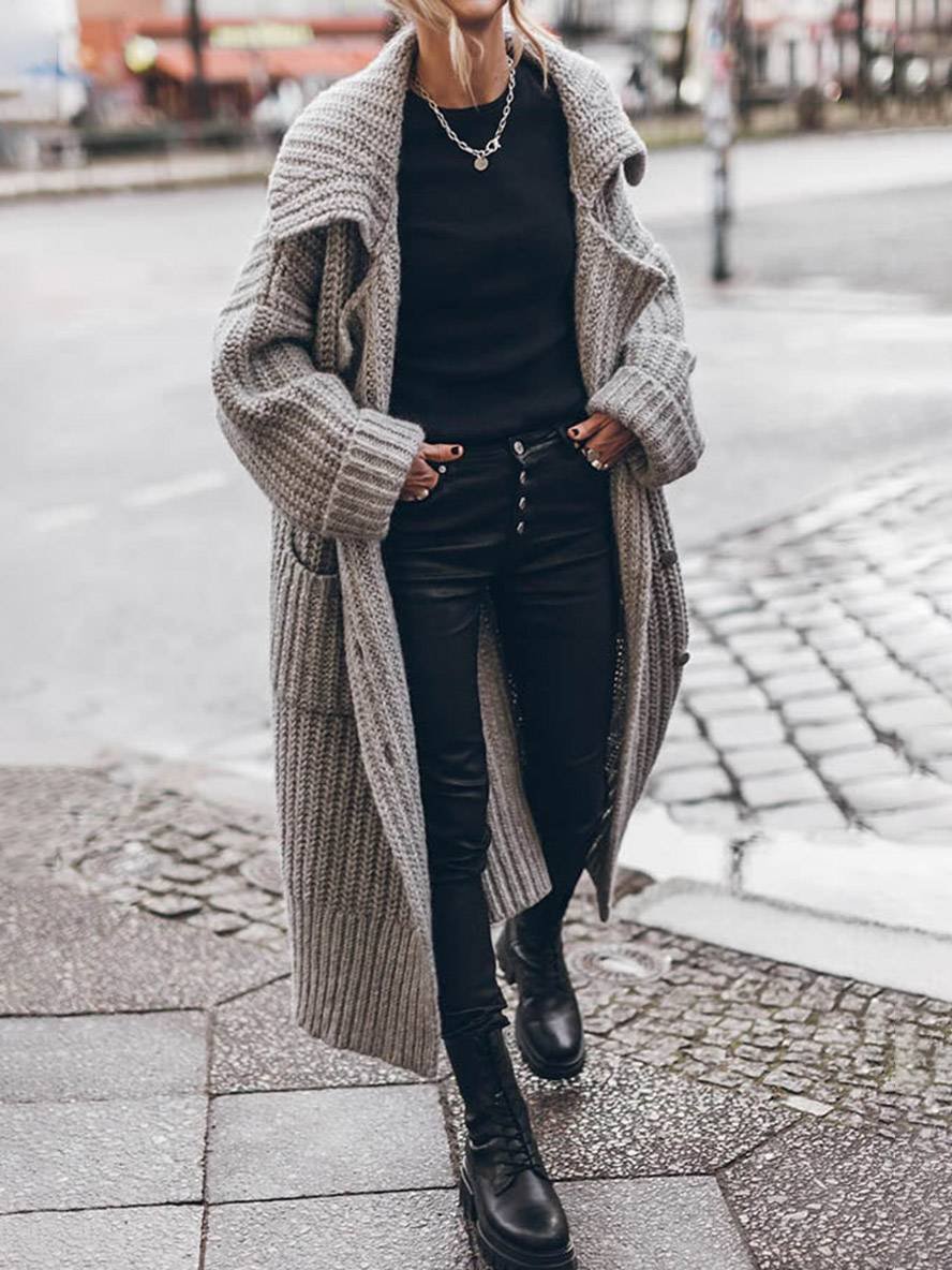 Mia | Cardigan lungo da donna oversize a coste grosse con risvolto 1