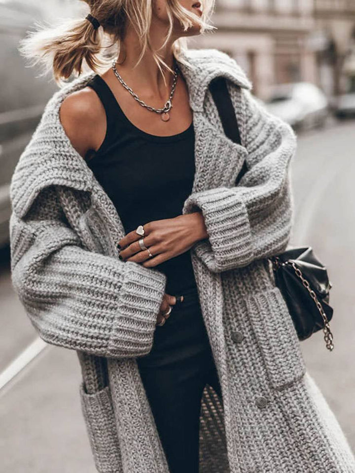 Mia | Cardigan lungo da donna oversize a coste grosse con risvolto 3