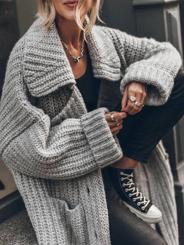 Mia | Cardigan lungo da donna oversize a coste grosse con risvolto 4