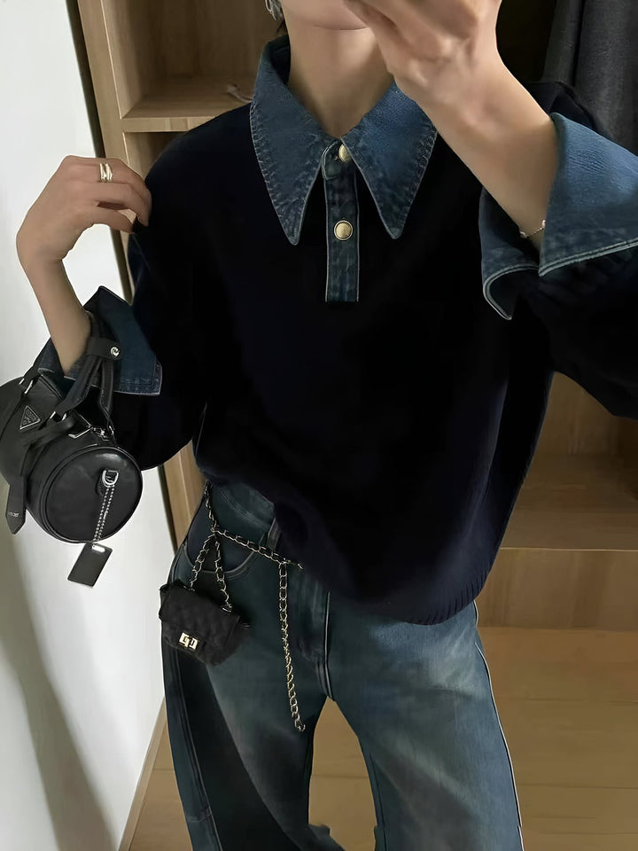 Mia | Maglione polo da donna con colletto in denim 1