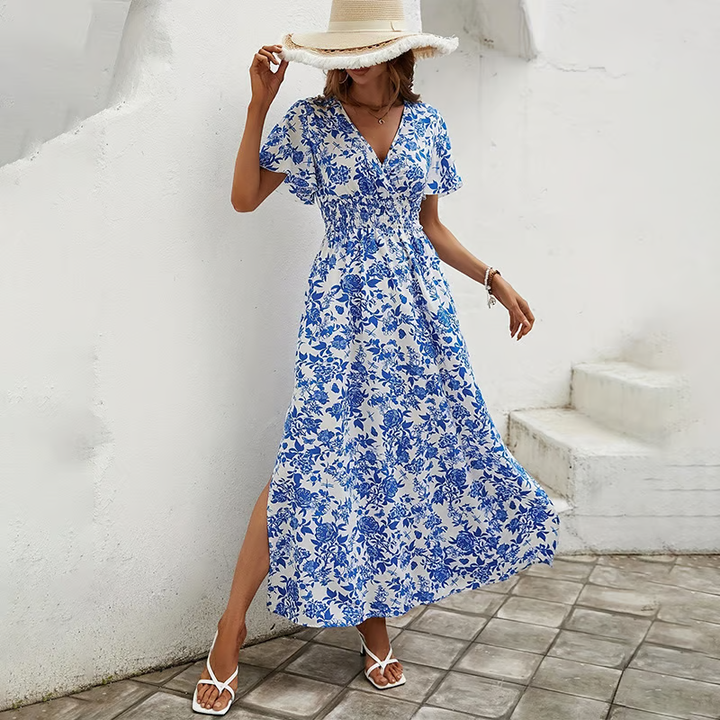 Mila | Elegante e Floreale Maxi Abito con Scollo a V 0