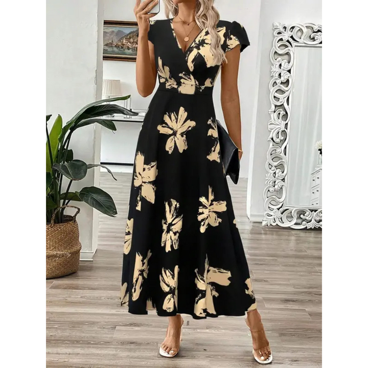Mira | Elegante Maxi Abito Donna con Scollo a V e Stampa a Foglie per Cerimonie 0