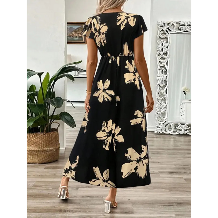 Mira | Elegante Maxi Abito Donna con Scollo a V e Stampa a Foglie per Cerimonie 1