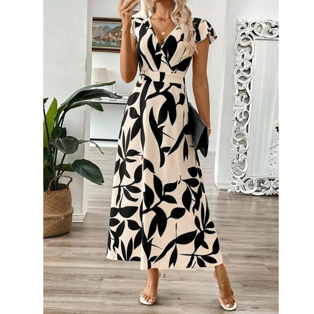 Mira | Elegante Maxi Abito Donna con Scollo a V e Stampa a Foglie per Cerimonie 2