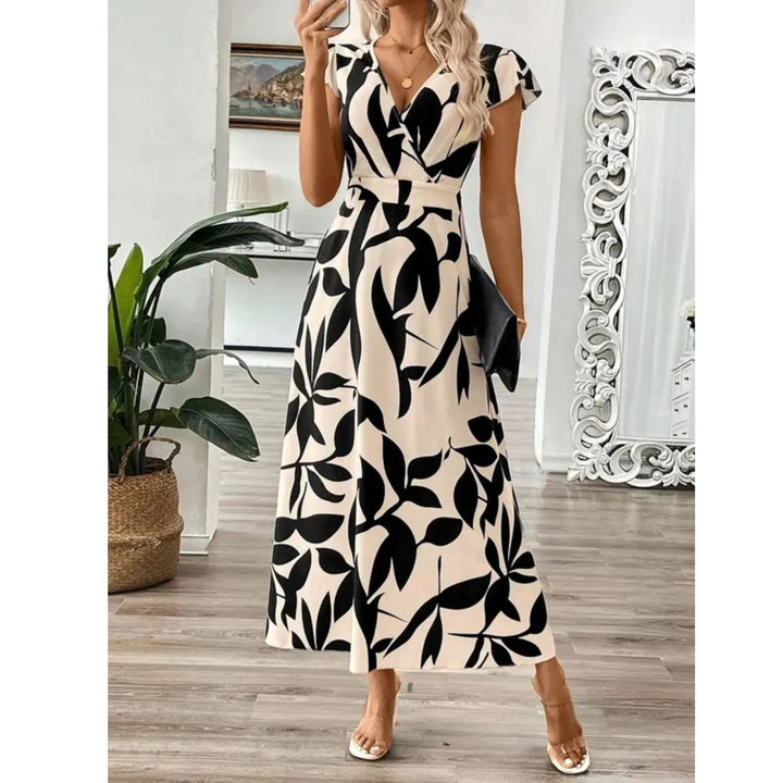 Mira | Elegante Maxi Abito Donna con Scollo a V e Stampa a Foglie per Cerimonie 2