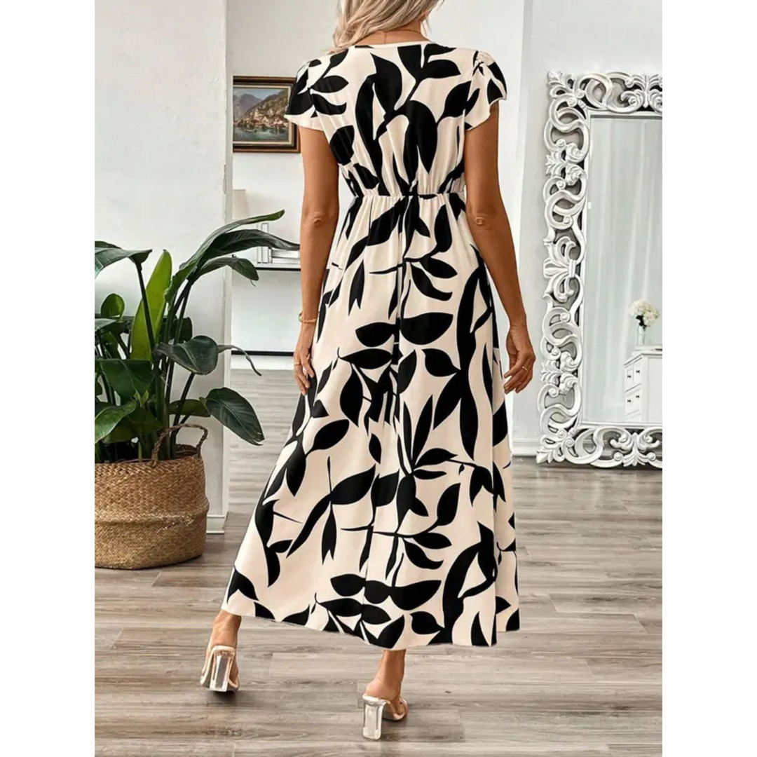 Mira | Elegante Maxi Abito Donna con Scollo a V e Stampa a Foglie per Cerimonie 3