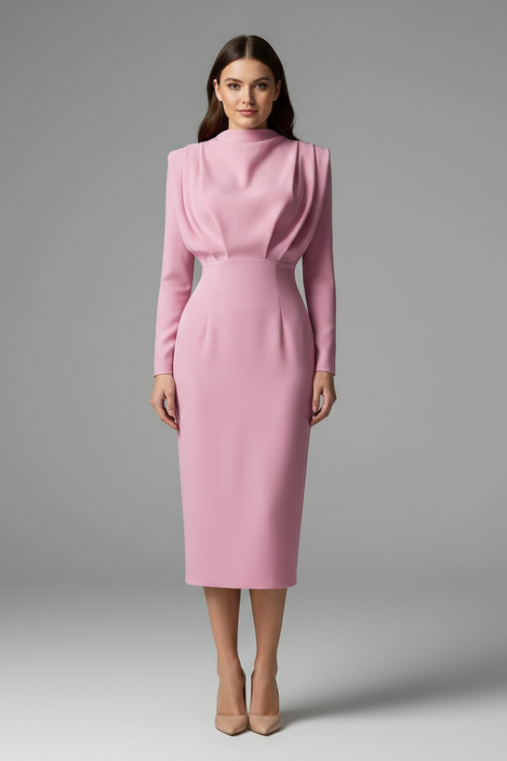 Mirella | Elegante Abito Lungo Cerimonia con Collo Alto e Maniche Lunghe 0