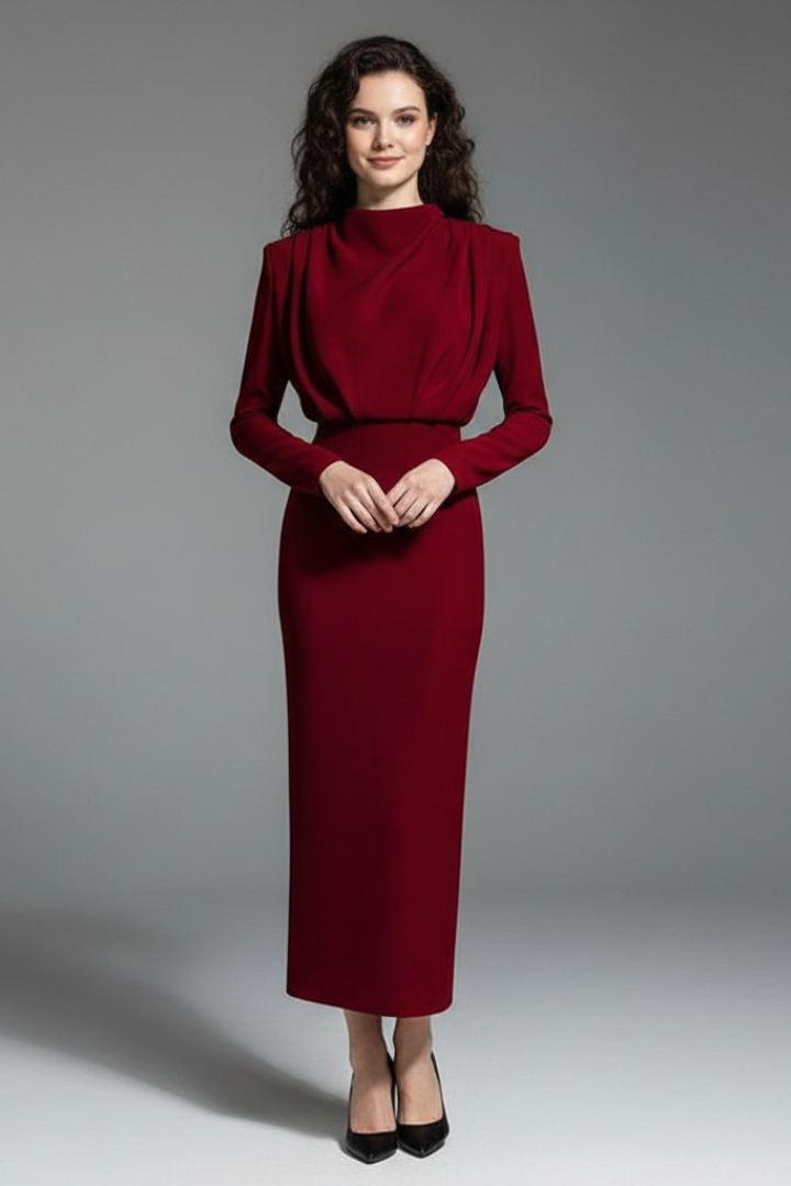 Mirella | Elegante Abito Lungo Cerimonia con Collo Alto e Maniche Lunghe 1