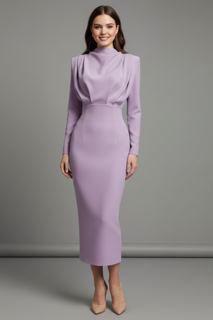 Mirella | Elegante Abito Lungo Cerimonia con Collo Alto e Maniche Lunghe 2