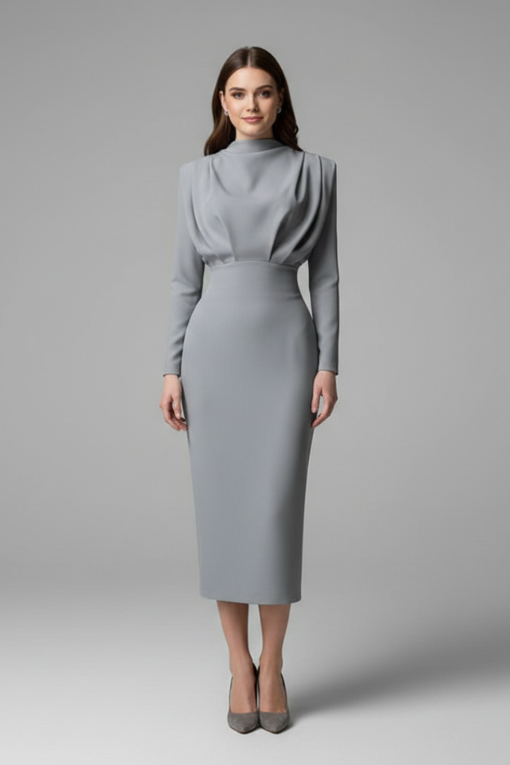 Mirella | Elegante Abito Lungo Cerimonia con Collo Alto e Maniche Lunghe 3