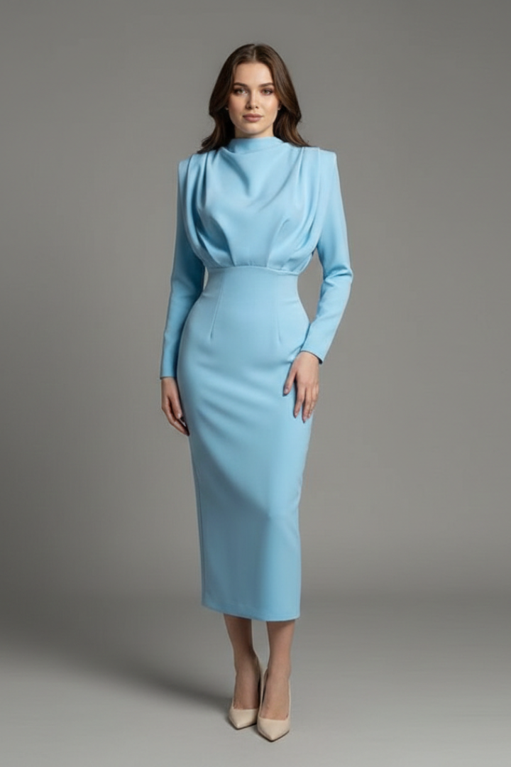 Mirella | Elegante Abito Lungo Cerimonia con Collo Alto e Maniche Lunghe 4