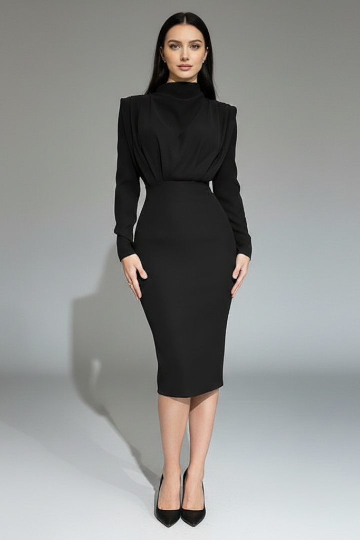 Mirella | Elegante Abito Lungo Cerimonia con Collo Alto e Maniche Lunghe 6