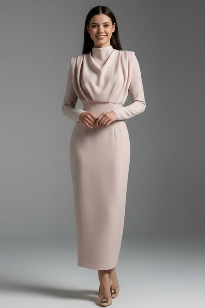 Mirella | Elegante Abito Lungo Cerimonia con Collo Alto e Maniche Lunghe 7