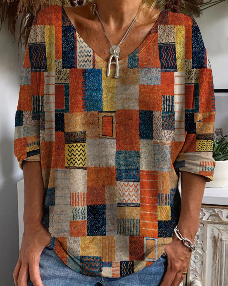 Nina | Camicetta Elegante Patchwork con Scollo a V e Maniche a 3/4 per Donna 0