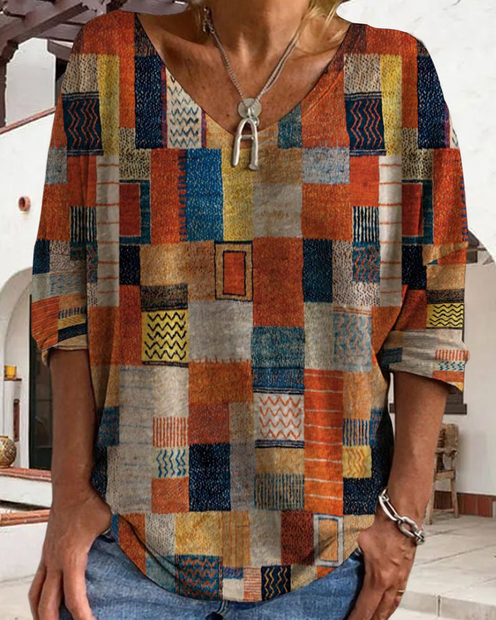 Nina | Camicetta Elegante Patchwork con Scollo a V e Maniche a 3/4 per Donna 1