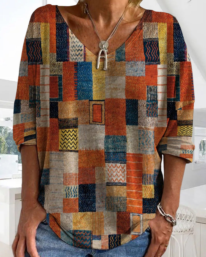 Nina | Camicetta Elegante Patchwork con Scollo a V e Maniche a 3/4 per Donna 3