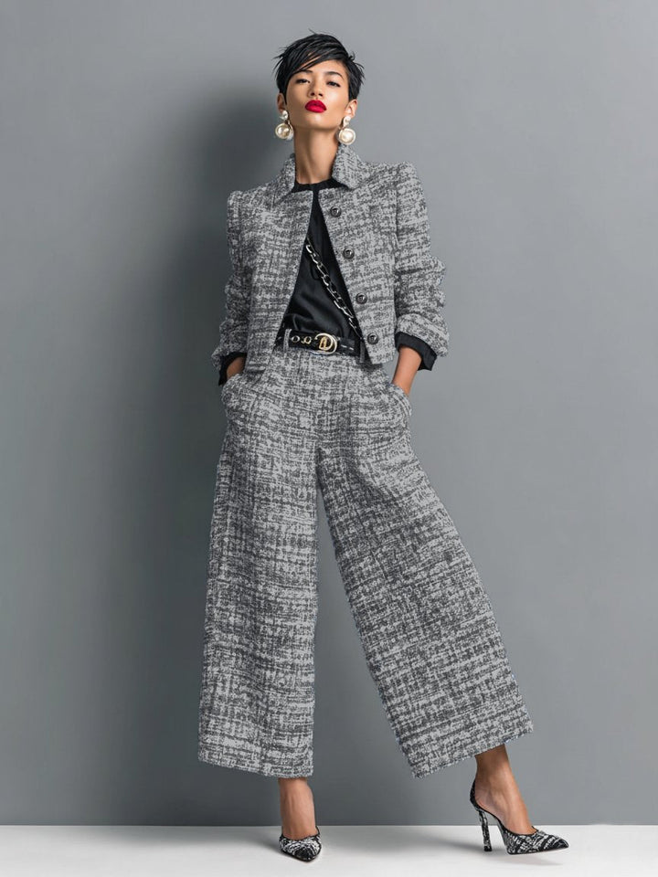 Olivia | Completo Donna Elegante in Tweed con Giacca e Pantaloni Larghe 0