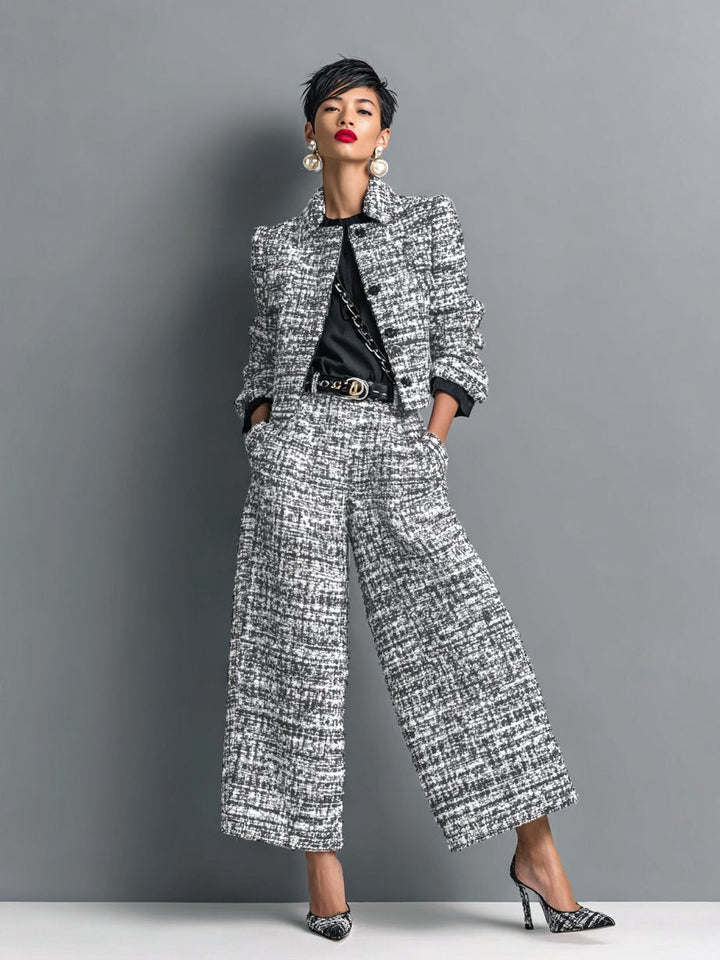 Olivia | Completo Donna Elegante in Tweed con Giacca e Pantaloni Larghe 1