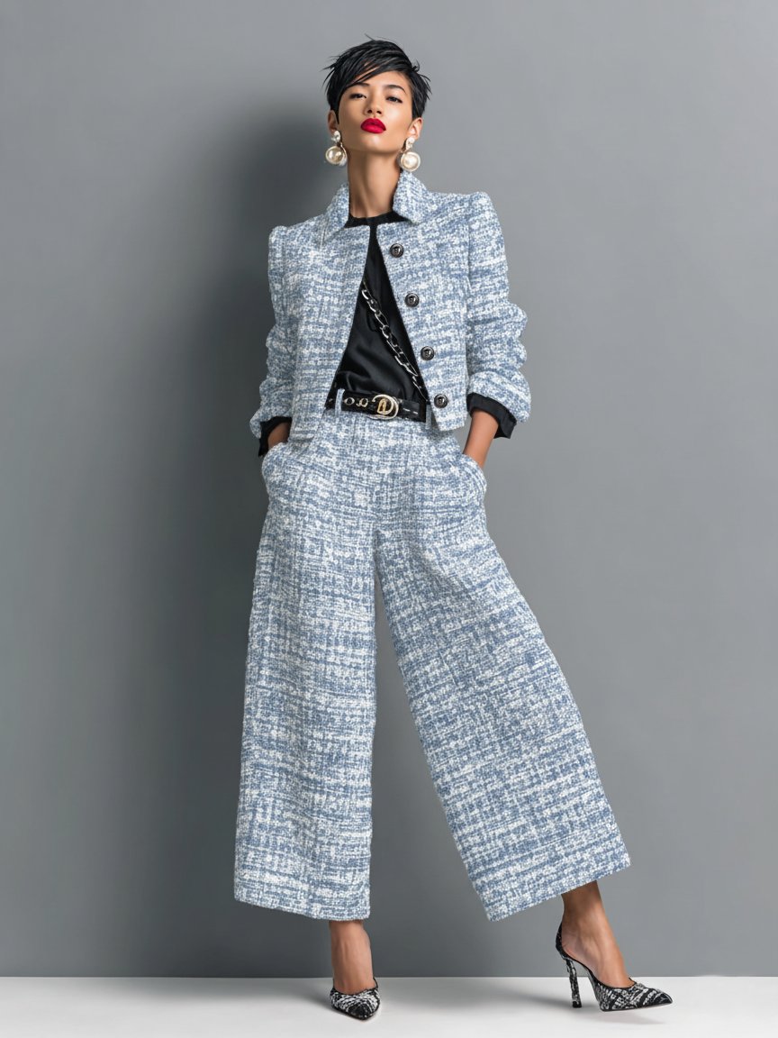 Olivia | Completo Donna Elegante in Tweed con Giacca e Pantaloni Larghe 2