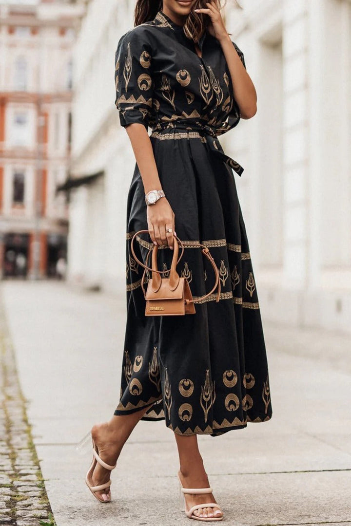 Olivia | Elegante Abito Midi da Donna con Cintura e Fantasia Geometrica 0