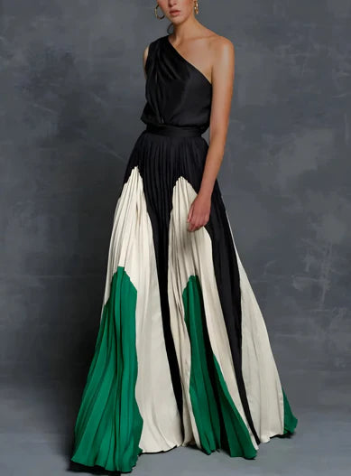 Olivia | Elegante abito lungo monospalla a blocchi di colore 1