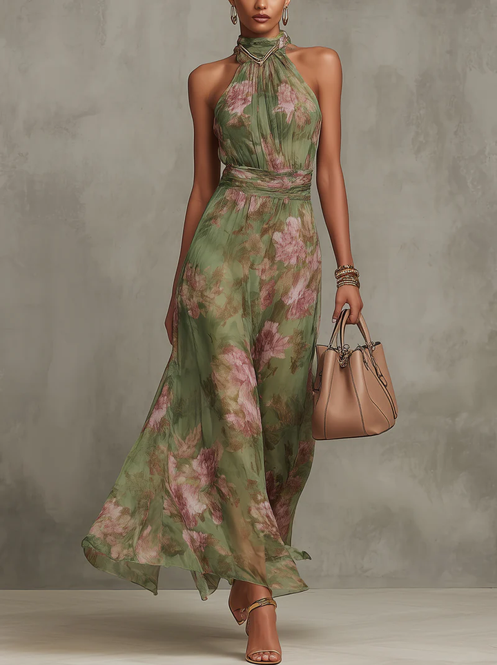 Sarina | Maxi Abito Floreale Estivo Elegante Scollo All'Americana 0