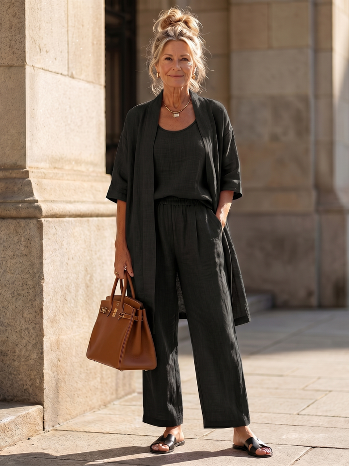 Selena | Completo Donna Elegante – Set Traspirante in Tre Pezzi con Top e Pantaloni a Gamba Larga 1