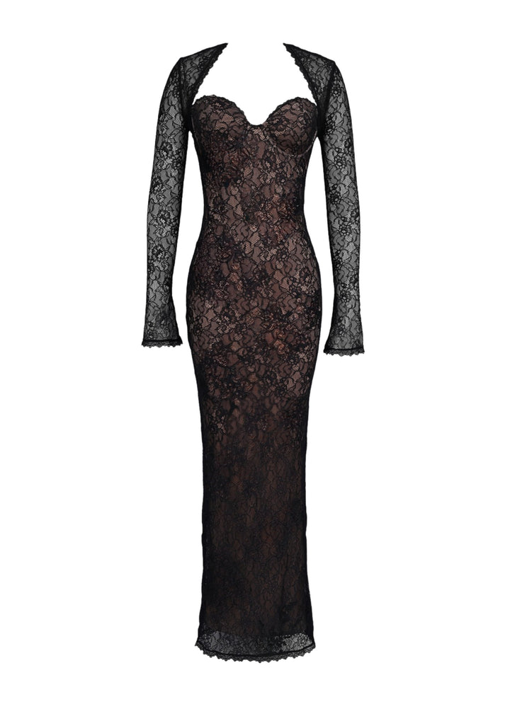 Selene | Elegante Maxi Abito Lungo in Pizzo Nero 0