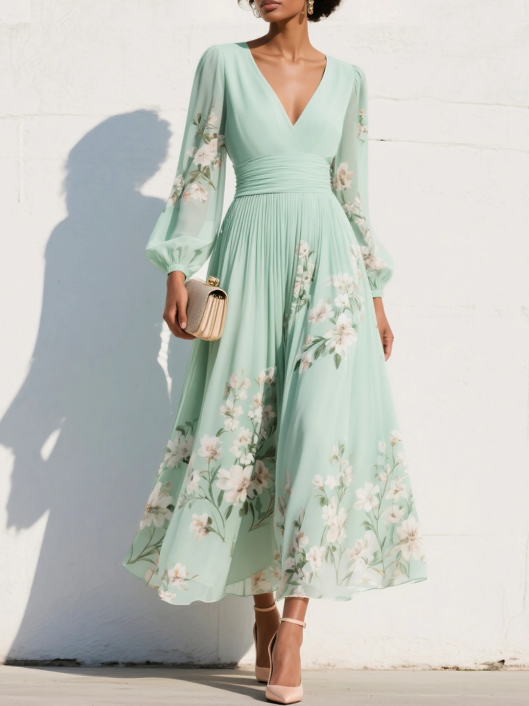 Sofia | Elegante Abito Midi Cerimonia con Scollo a V e Stampa Floreale 0