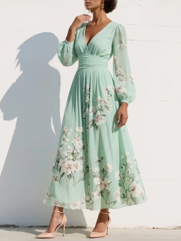 Sofia | Elegante Abito Midi Cerimonia con Scollo a V e Stampa Floreale 2