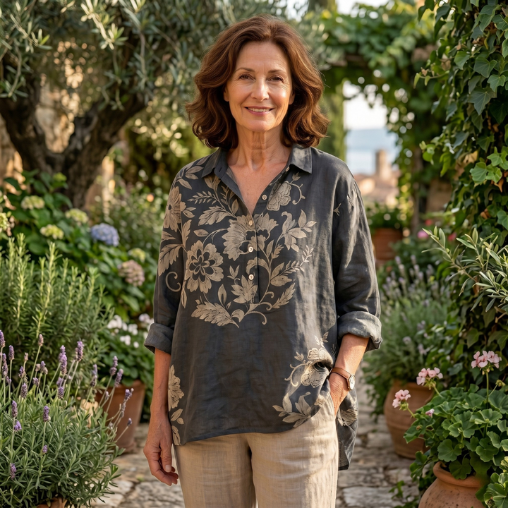 Sofia | Elegante Camicia Lino Donna con Stampa Floreale, Leggera e Traspirante 1