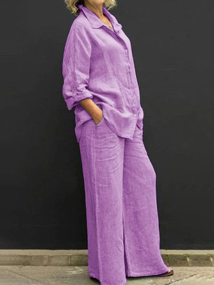 Vera | Elegante Completo Donna in Cotone con Camicia Oversize e Pantaloni a Gamba Larga 0