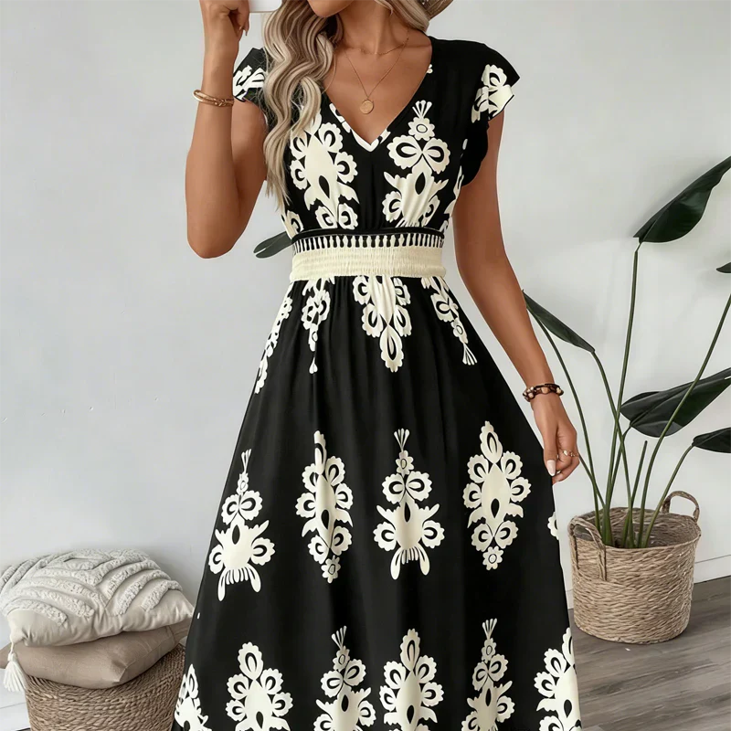 Vespera | Abito Midi Elegante con Scollo a V e Stampa Artistica 0