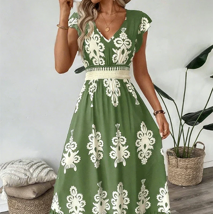 Vespera | Abito Midi Elegante con Scollo a V e Stampa Artistica 2