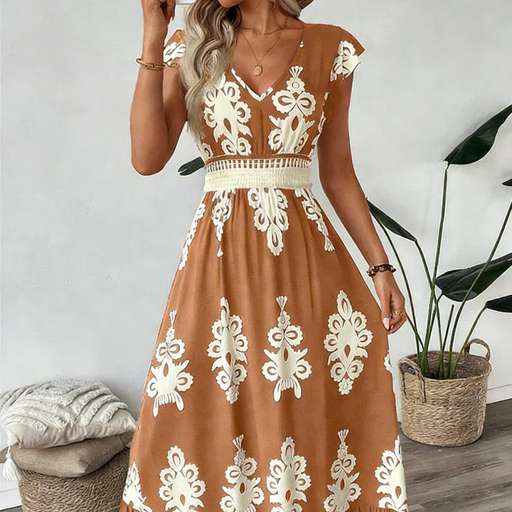 Vespera | Abito Midi Elegante con Scollo a V e Stampa Artistica 3