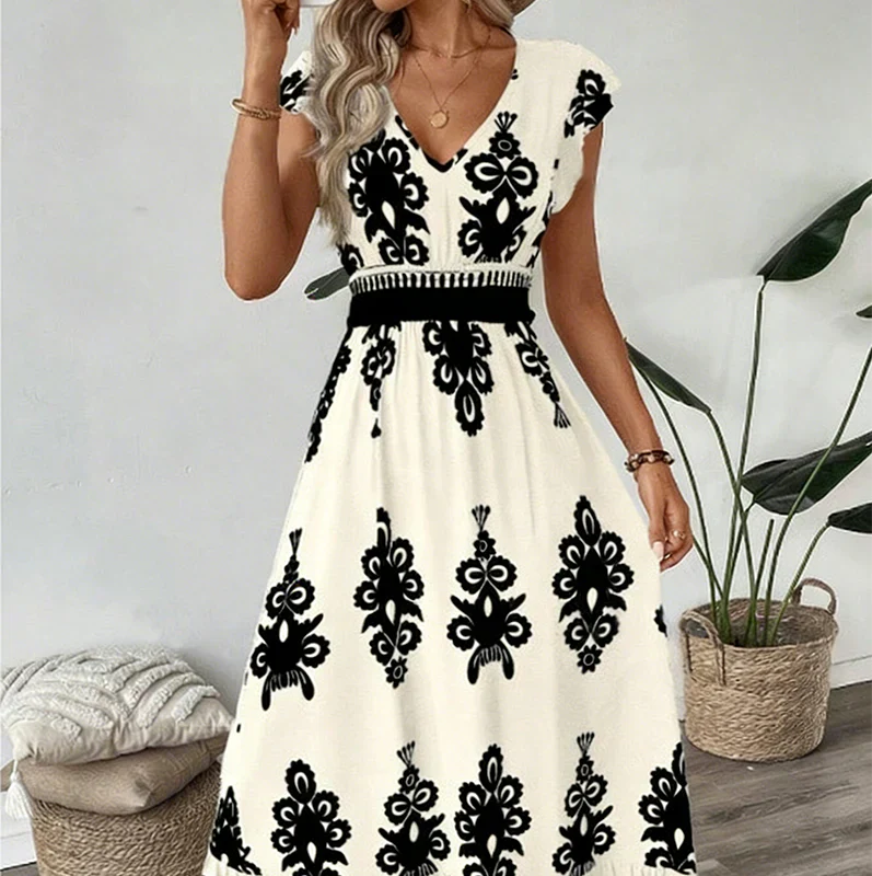 Vespera | Abito Midi Elegante con Scollo a V e Stampa Artistica 4