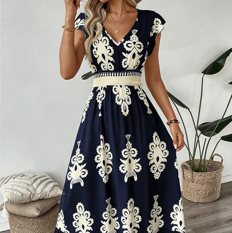 Vespera | Abito Midi Elegante con Scollo a V e Stampa Artistica 6