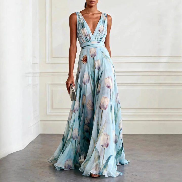 Violetta | Elegante Abito Lungo Cerimonia in Chiffon con Scollo a V e Stampa Floreale 0