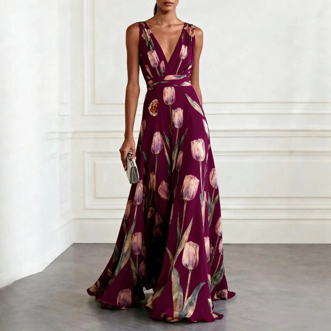 Violetta | Elegante Abito Lungo Cerimonia in Chiffon con Scollo a V e Stampa Floreale 1