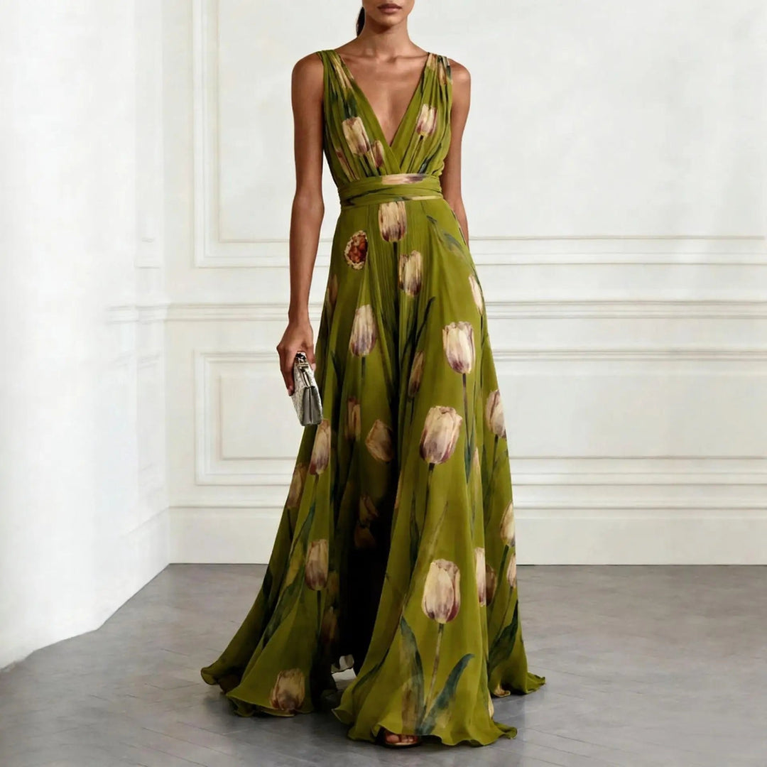 Violetta | Elegante Abito Lungo Cerimonia in Chiffon con Scollo a V e Stampa Floreale 3