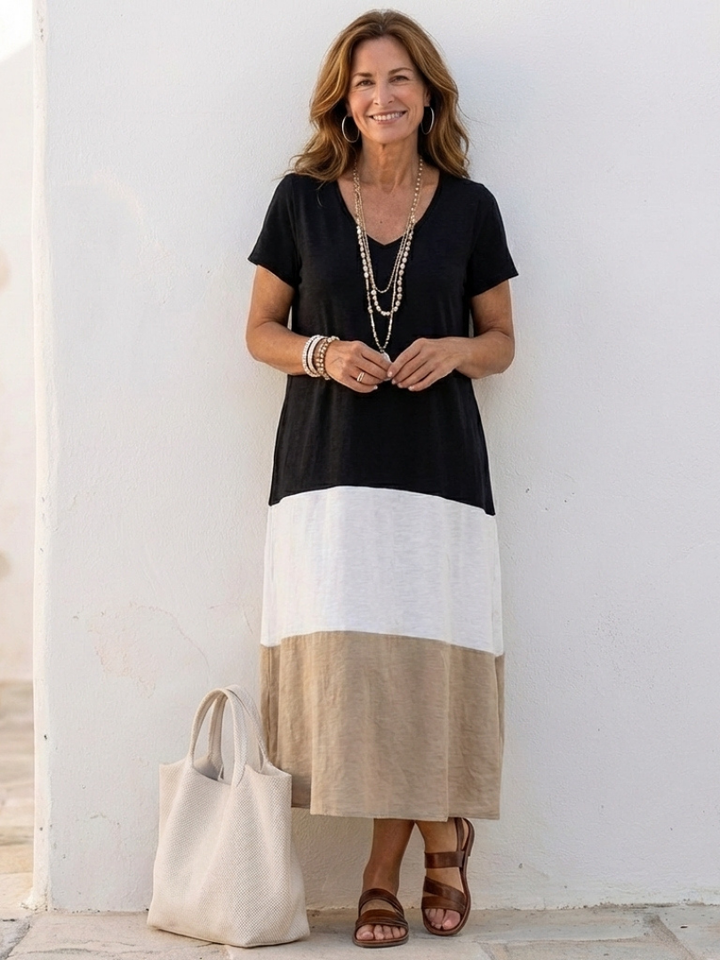 Vittoria | Abito Midi Elegante con Scollo a V e Design a Blocchi di Colore per Donna 0