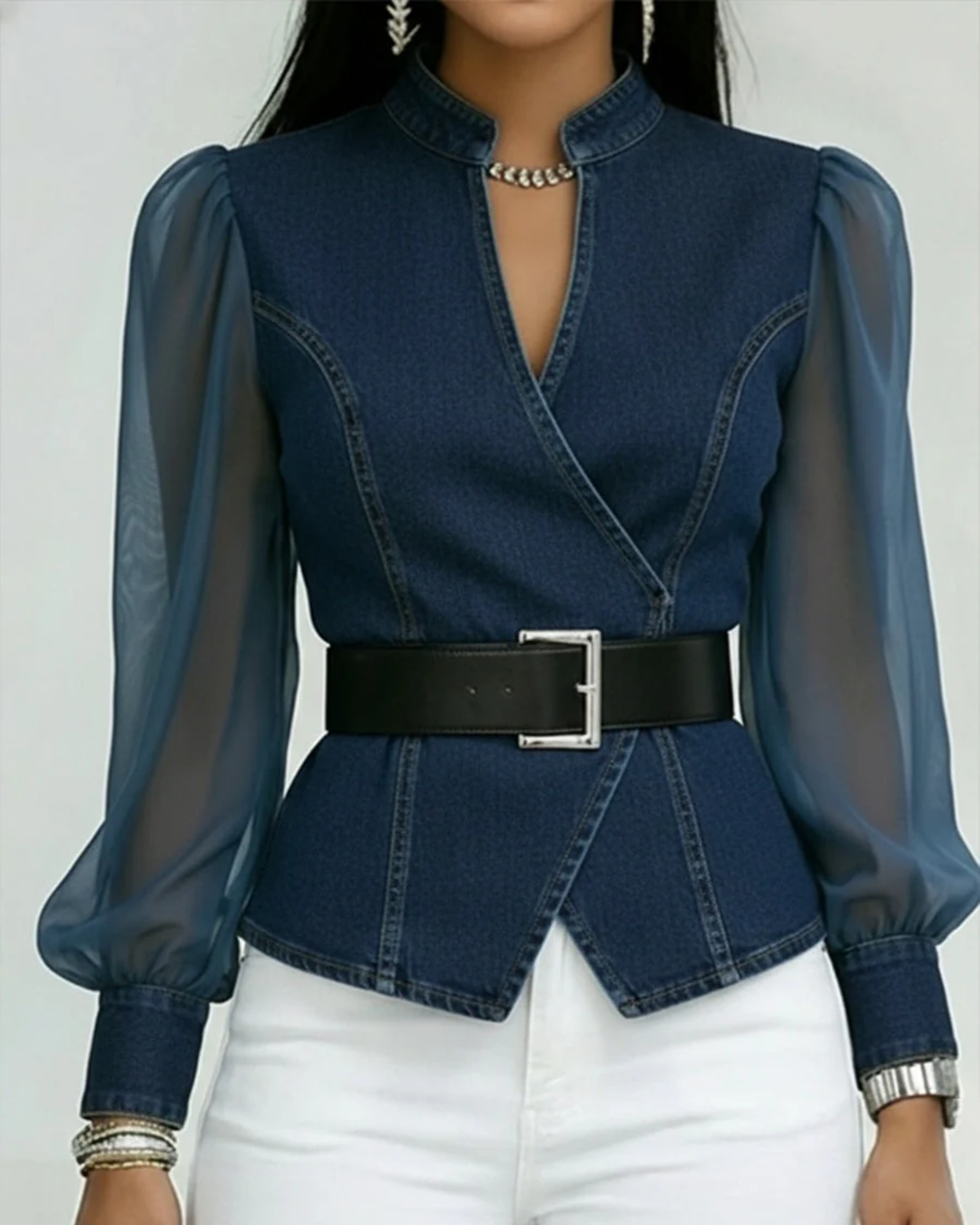 Zara | Elegante Top in Denim con Maniche in Chiffon Leggero 3